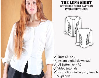 Women's shirt sewing pattern |  Workwear pattern |  Office blouse pattern | Women's blouse pattern | Gathered blouse pattern | PDF pattern