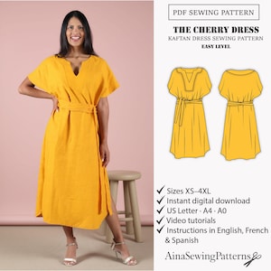 Puede incluir: Una mujer con un vestido kaftán amarillo con cuello en V y cinturón a juego. El vestido es hasta la rodilla con mangas cortas y una abertura lateral. La imagen también incluye un patrón de costura con el texto "THE CHERRY DRESS" y "EASY LEVEL".