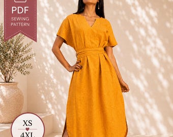Kaftan Dress Sewing Pattern PDF, Summer Dress Pattern, Loose Fit Caftan Pattern, V Neck Dress Pattern, Easy Sewing Pattern XS-4XL