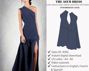 One-Shoulder Dress Sewing Pattern | Asymmetrical Dress Pattern | Modern Evening Dress Pattern | Elegant Maxi Dress Pattern | PDF Pattern
