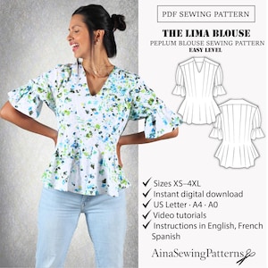 Könnte beinhalten: Eine Frau trägt eine weiße Peplum-Bluse mit einem Blumenmuster in Blau und Grün. Die Bluse hat einen V-Ausschnitt und Rüschenärmel. Das Bild zeigt auch ein PDF-Schnittmuster für "The Lima Blouse" mit den Größen XS-4XL.