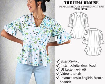 Women's blouse sewing pattern |  Easy peplum blouse pattern for beginners  |  V-neck blouse pattern | Flared bouse sewing pattern