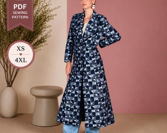 Long Coat Sewing Pattern PDF | Elegant Flared Lapel Coat | Women XS-4XL Instant Download PDF