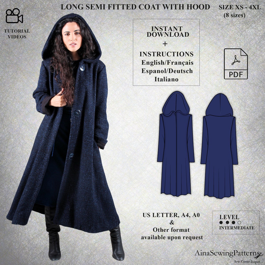 Hooded Coat Pattern Winter Coat Pattern Long Coat Sewing Pattern Flared Coat Pattern Modern