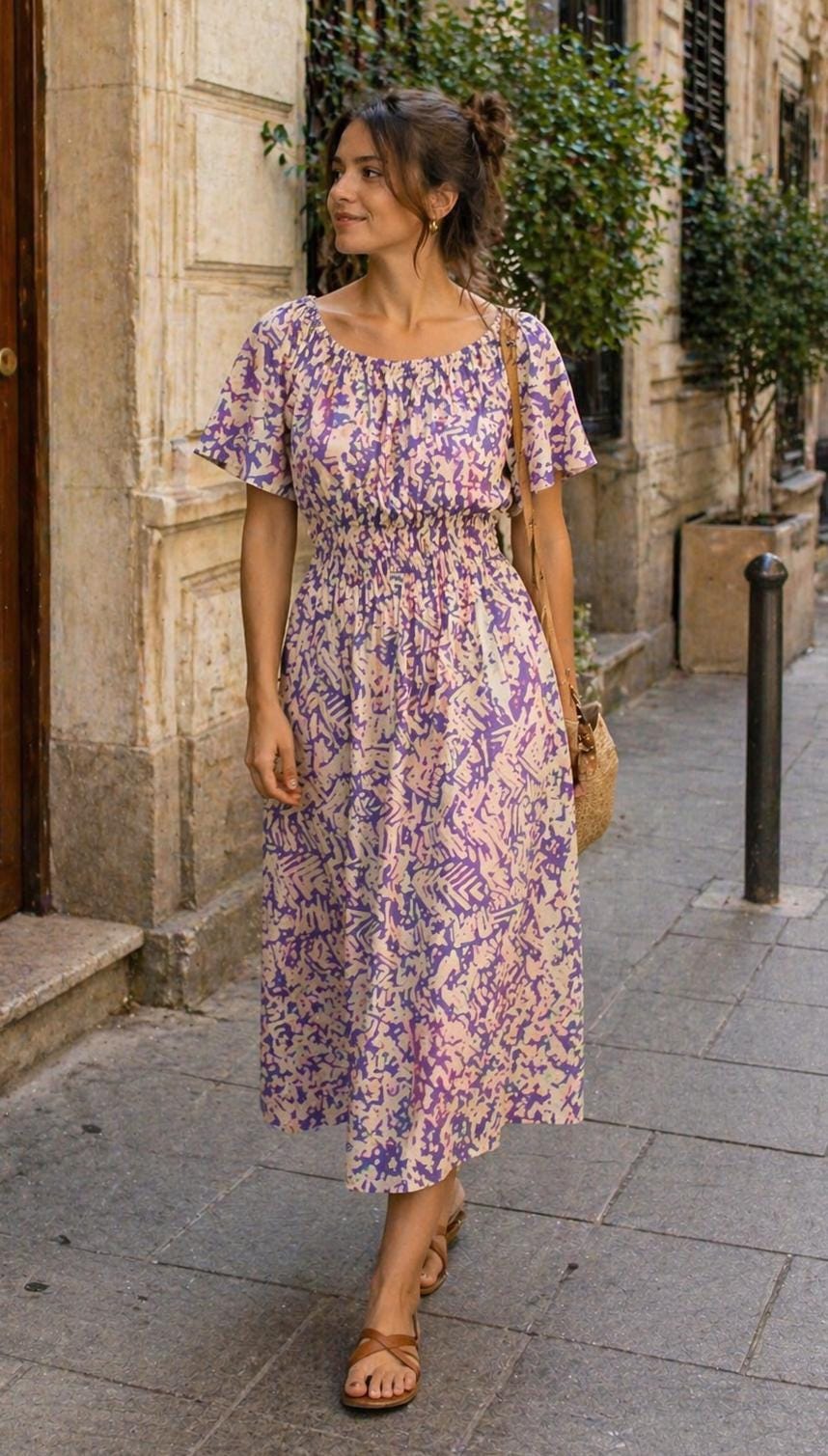 Shirred Midi Dress PDF Sewing Pattern, Flutter Sleeve or