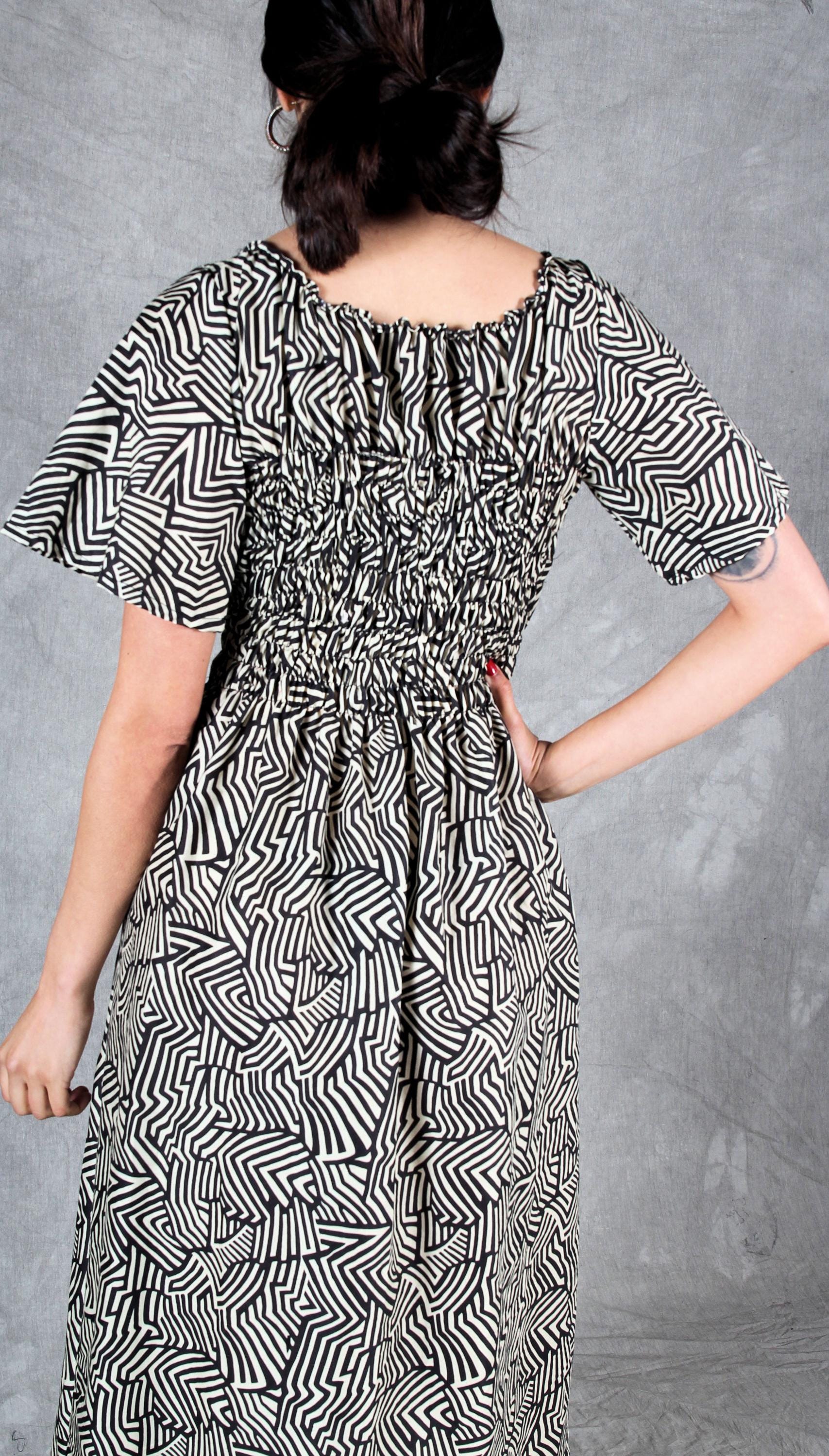 Shirred Midi Dress PDF Sewing Pattern, Flutter Sleeve or