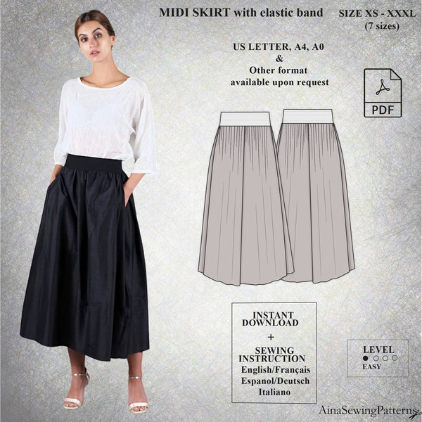 Midi skirt sewing pattern | Long skirt sewing pattern | Easy skirt sewing pattern | Elastic band skirt pattern  | Women PDF Sewing Pattern