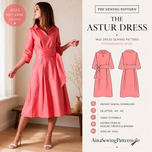 Könnte beinhalten: Eine Frau präsentiert ein korallenfarbenes Midikleid mit Wickelgürtel. Das Kleid hat einen Kragen und Dreiviertelärmel. Das Bild enthält ein Schnittmuster mit Illustrationen und den Text "The Astur Dress". Größen XS-XXXL sind enthalten.