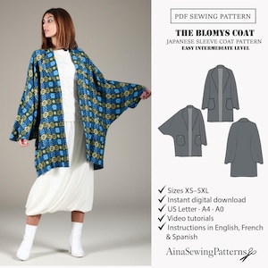 May include: A woman models a blue, green, and yellow patterned Japanese sleeve coat. The coat is open, revealing a white dress. The image includes a PDF sewing pattern with the text "THE BLOMYS COAT" and "Japanese Sleeve Coat Pattern."