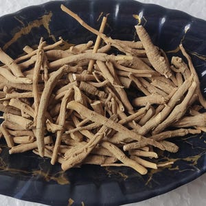 K&ouml;nnte beinhalten: Nahaufnahme einer blauen und goldenen Keramikschale gef&uuml;llt mit getrockneten braunen Wurzeln. Die Wurzeln sind in einem zuf&auml;lligen Muster angeordnet und haben alle etwa die gleiche Gr&ouml;&szlig;e.