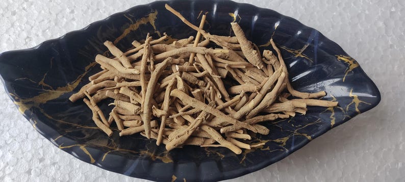 K&ouml;nnte beinhalten: Nahaufnahme einer blauen und goldenen Keramikschale gef&uuml;llt mit getrockneten braunen Wurzeln. Die Wurzeln sind in einem zuf&auml;lligen Muster angeordnet und haben alle etwa die gleiche Gr&ouml;&szlig;e.
