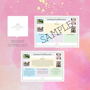 May include: A printable worksheet for observing and documenting a child's development. The worksheet is divided into four sections: Observation, Analysis of Learning, Future Learning Opportunities, and Links to Framework. The worksheet includes a sample observation of a child named "Out" and a photo of a child playing in a sandbox.