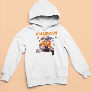 Hoodie für Kinder | Halloween Kostüm | Katze mit Kürbis Kopf | Süße Geister | Fledermaus | Geschenk für Junge oder Mädchen