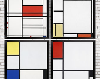 Four Piet Mondrian Digital Art Prints - Minimalist Printable Wall Art Download - Abstract Wall Art Set