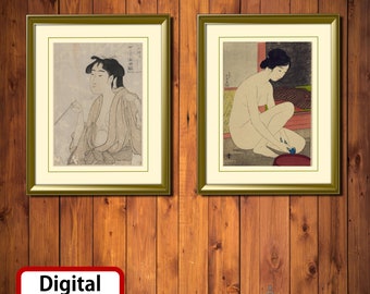 Set Of 2 Japanese Women Digital Wall Art Prints - Historical Japanese Digital Art Download - Printable Room Decor, Retro Japanese Geisha Art