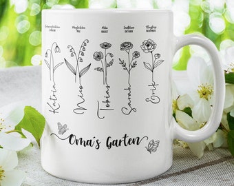 Familien Gartentasse - Geburtsmonatsblumen und Kindername, Geschenk für Mama, Omas, personalisierte Tasse - Einzigartiges Familien-Geschenk