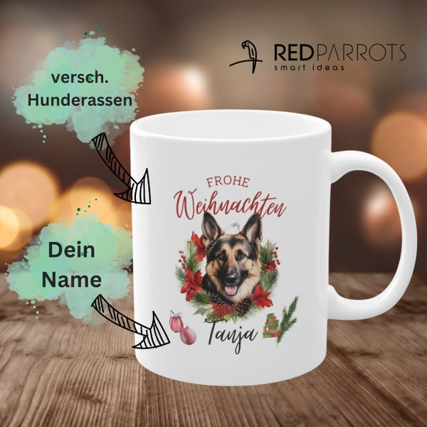 Tasse mit weihnachtlichem Hunderassen-Motiv und personalisiertem Namen, Weihnachtsgeschenk Idee Vater, Mutter, Weihnachtstasse eigener Hund