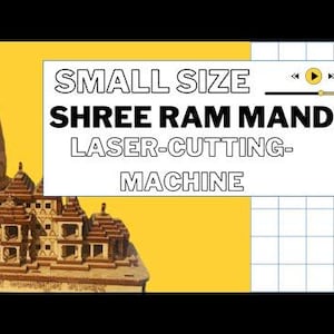 May include: A small wooden model of a Shree Ram Mandir temple, intricately detailed and laser-cut. The model is brown and beige, with a tall central tower and multiple smaller towers surrounding it. The temple is sitting on a wooden base.
