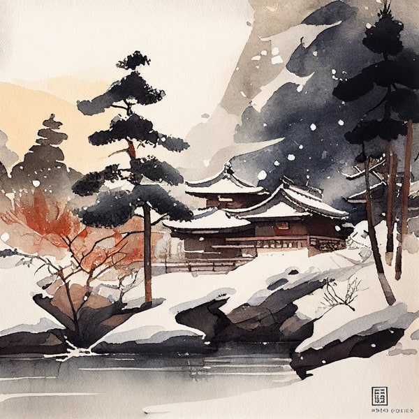 Japanese Landscape Print Watercolor Landscape, Asian Art Print, Minimal Landscape Print, High Quality, Digital Download