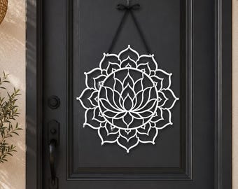 Metal Door Wreath, Lotus Flower Mandala Wall Art, Geometric Front Entryway Hanger, Spiritual Zen Home Deco