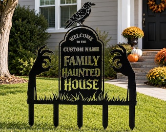 Personalized Halloween Metal Sign with Hands, Custom Gravestone Name Sign
