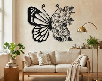 Floral Butterfly Metal Wall Art, Butterfly Home Decor, Metal Living Room Decor, Flower Butterfly Wall Decor, Outdoor Porch Decor,Flowers Art