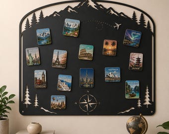 Mountain-Themed Travel Magnet Board, Large Metal Display Board for Travel Magnets, Personalized Travel Souvenir