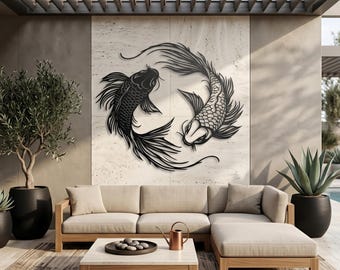 Koi Fish Metal Wall Art, Japanese Zen Decor, Modern Living Room Wall Decor, Yin and Yang Sign, Huge Zen Wall Decor, Feng Shui Bedroom Decor