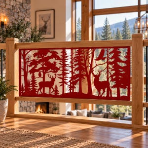 May include: A rectangular red metal panel featuring a laser-cut forest scene. The design includes silhouettes of two deer, various pine and deciduous trees, an owl perched on a branch, and a bird in flight, all set within a solid frame.