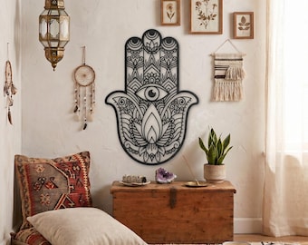 Hamsa Mandala Metal Wall Art, Hand of Fatima Decor, Living Room Statement Piece