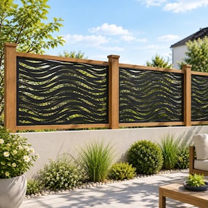 May include: An outdoor privacy fence panel featuring a black metal screen with a repeating horizontal wave pattern, framed by vertical wooden posts. The decorative metal insert is mounted between the posts, creating a modern barrier.