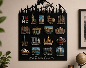 Travel Magnet Board Wall Display, World Landmark Magnet Holder, Personalized Travel Memory Board