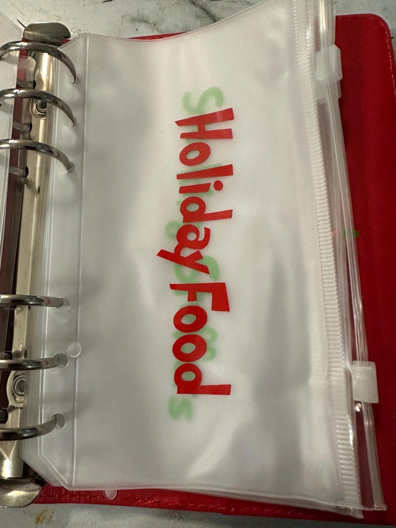 May include: A clear plastic binder pocket with the words "Holiday Food" in red and green lettering. The pocket is inside a red binder with silver metal rings.