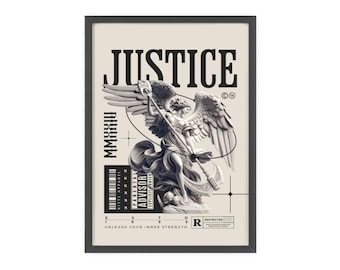 Póster ilustrado del Ángel de la Justicia con marco de madera / Obra de arte mitológica vintage