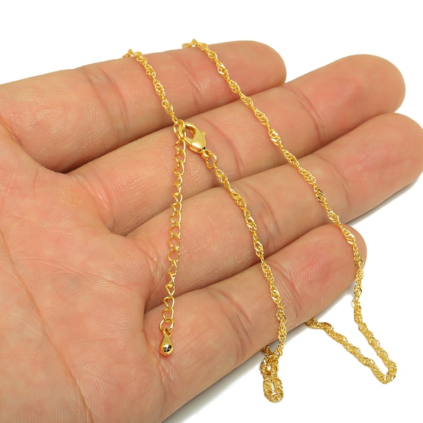 1.7mm Finished Twisted Chain, Brass Necklace Finished Lobster Clasp, Gold Finished 42.5+6cm Water Wave Chain, 18K Real Gold Plated GD8474