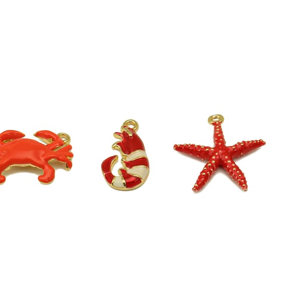 Red Marine Charms, Gold Enamel Charms, Dot Red Starfish Earring, Brass Red King Crab Pendant, Lobster Pendant With Loop, For Bracelet, DIY