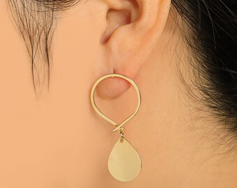 Teardrop Dangle Earring Stud, Gold Teardrop Hanging Earring Post, Brass Teardrop Hanging Hoop Earring Stud, 18K Real Gold Plated DIY