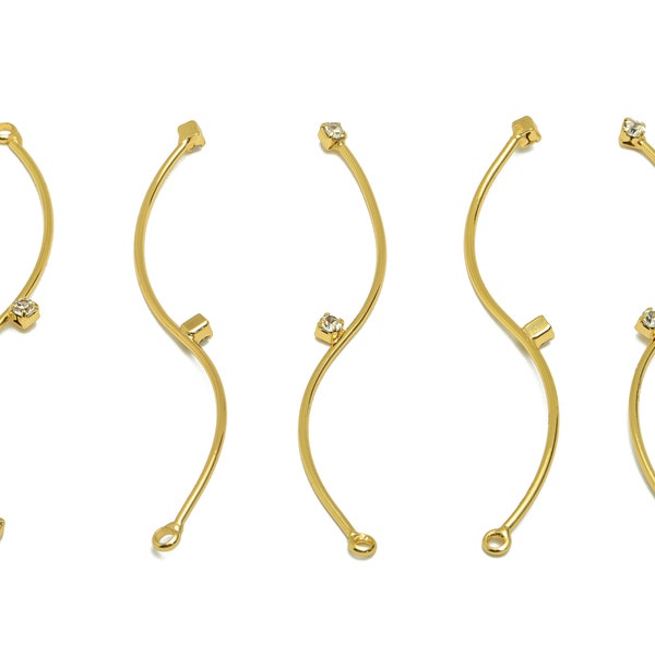 Brass Coiled Charms, Gold S Long Wire Earring Charms, Cubic Zircon Bent Bar Wave Pendant With Loop, For Necklace, 18K Real Gold Plated DIY