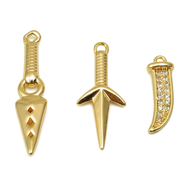 Brass Knife Earrings Charm, Gold Gothic Dagger Pendant, Cubic Zircon Brass Sword Katana Earrings Charms With Loop, 18K Real Gold Plated DIY