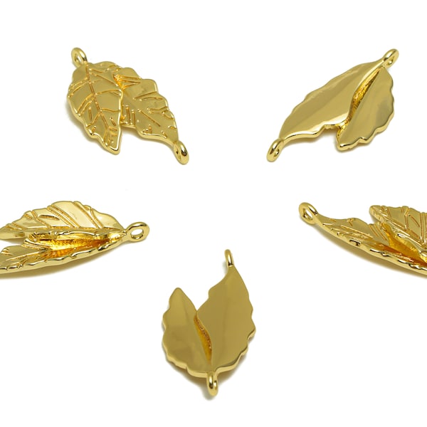 Gold Leafs Connectors, Brass Mini Double Leaf Connectors, Textured Bracelet Charm With 2 Loop, For Necklace, 18K Real Gold Plated DIY