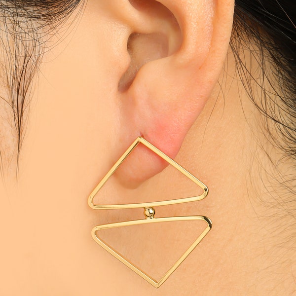 Triangle Earring Stud, Gold Geometric Double Triangle Earring Post, Brass Minimalist Triangle Earring Stud, 18K Real Gold Plated DIY GD9702