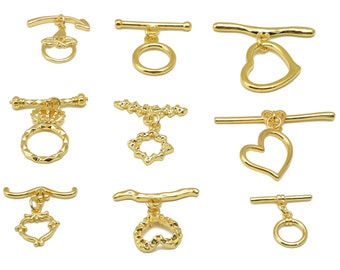 Gold Hammered Toggle Clasps, Brass Leaf Branch Toggle Set, Wave Round Diamond Line Toggle Clasp, Heart Crown Clasp, Plant Star Toggle Clasp