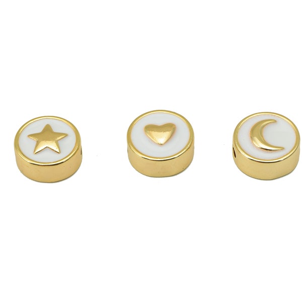Enamel Round Charm , Brass Circle Heart Spacer Necklace , Round Star Moon Spacer bead , Gold Bracelet Beads , 18K Real Gold Plating DIY