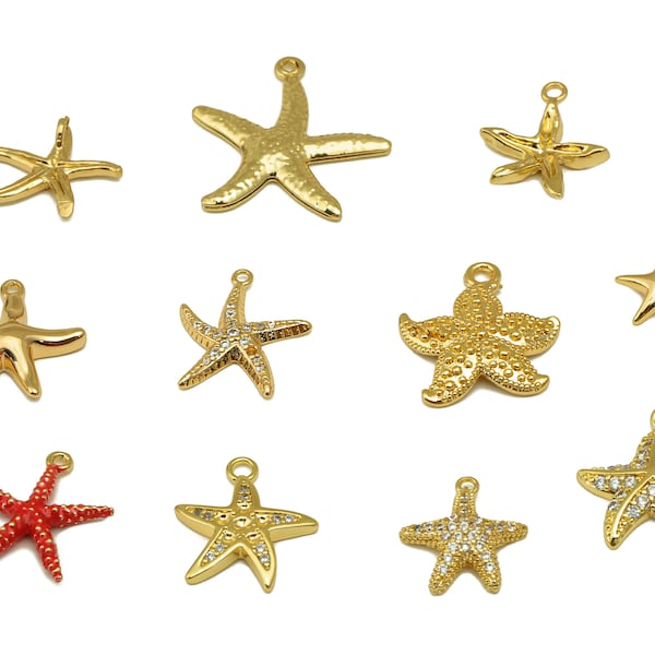 Gold Starfish Charms, Enamel Starfish Earring, CZ Red Dot Starfish With Glass, Necklace Pendant With Loop, For Bracelet, 18K Gold Plated