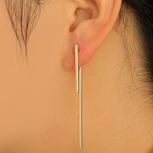 Long Bars Ear Jacket Earring, Gold Cylinder Bar Earring Post, Brass Minimalist Cylinder Bar Earring Stopper, 18K Real Gold Plated GD10345