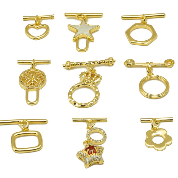 18K Gold Toggle Clasps,Brass Square Round Toggle Set , CZ Star Heart Flower Toggle Clasp , Hexagon Crown Clasp , Shell Bracelet Toggle Clasp