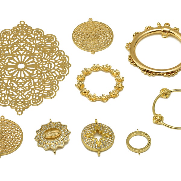 Gold Flower Connectors, Brass Round Hollowed Compass Charm, CZ Headpiece Sun Shaped Ring, Filigree Bracelet Hoop Connector, 18K Gold Plated