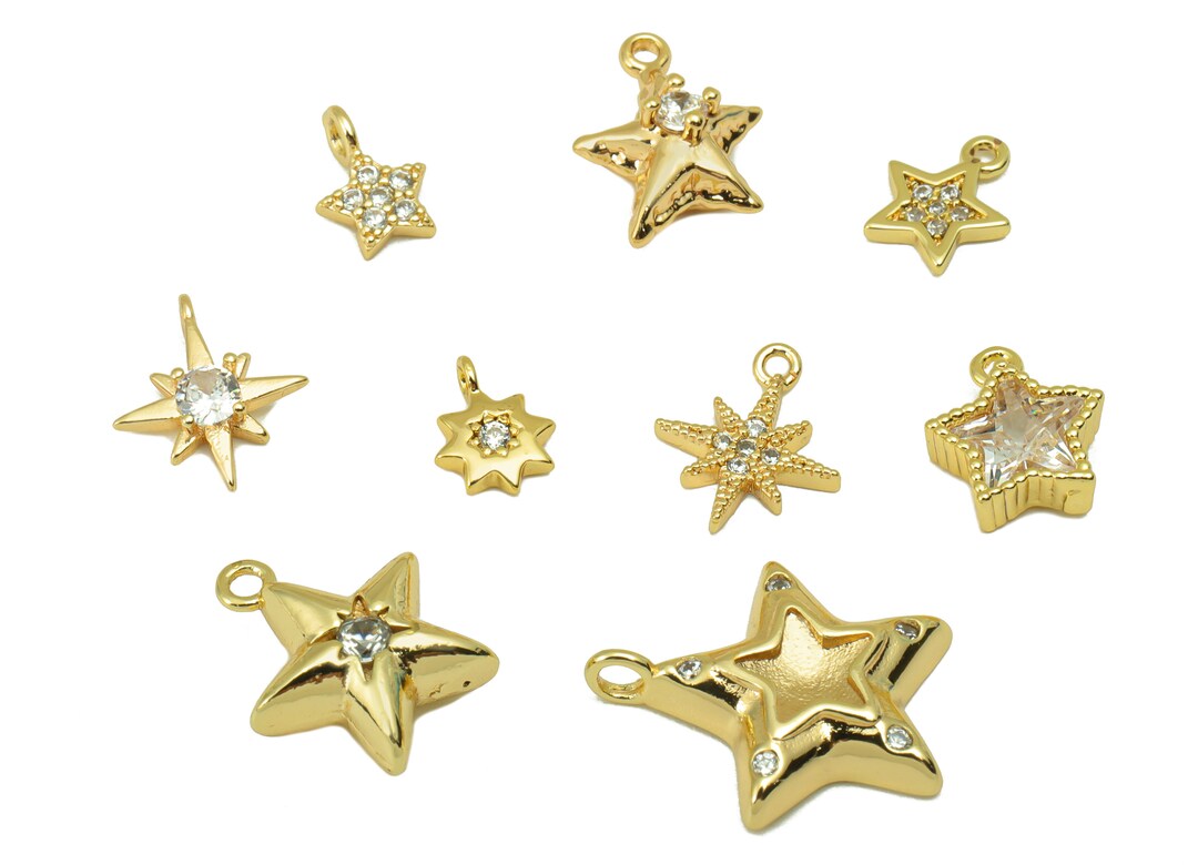Gold Star Charm , Brass North Star Earring Charm With Loop , Tiny