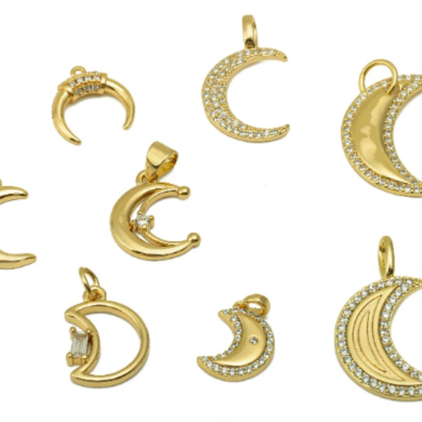 18K Gold Crescent Charm, Brass Moon Earring, For Bracelet, CZ Happy Face Earring Charms, Moon Smile Face Star Necklace Pendant With Loop