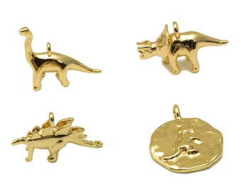 Gold Dinosaur Figures, Brass Round Hammered Triceratops Earring Charms, Gold Animal Brachiosaurus Pendant, For Necklace,18K Real Gold Plated